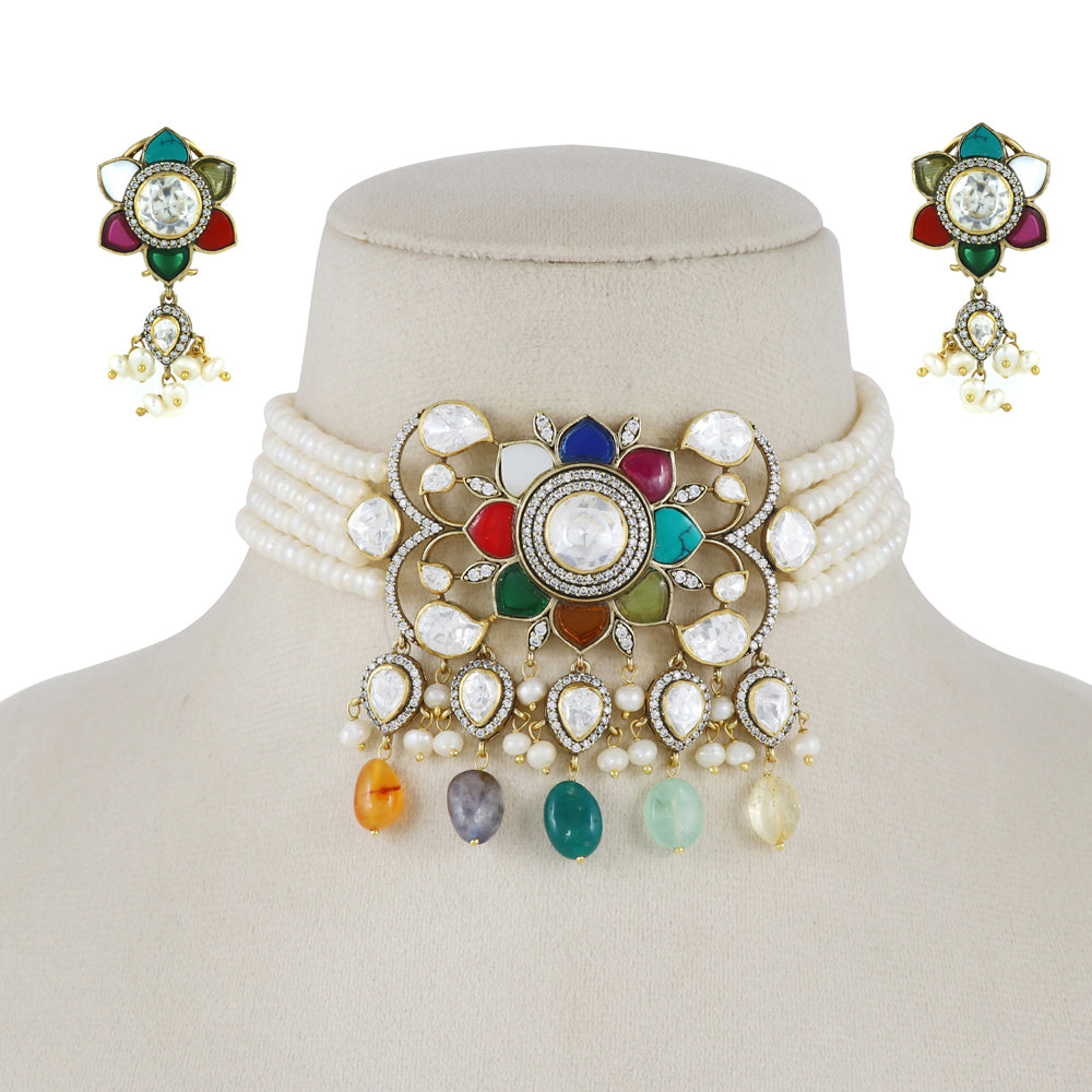 Navaratan Choker Set with Moissanite and Pearls image 0